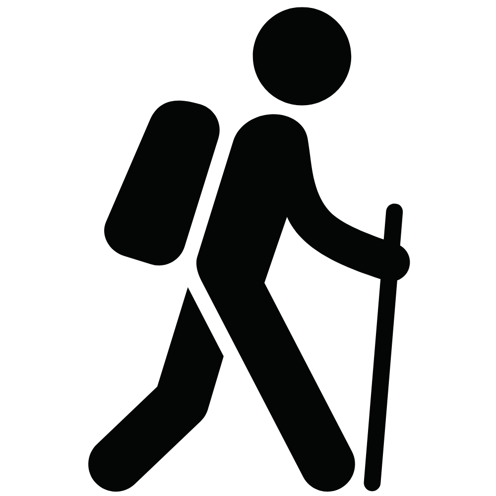 the black stick figure of a man hiking indicates this product is good for hiking, backpacking, trekking, and other outdoor activities.